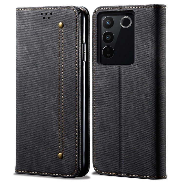 For vivo S16 Pro / S16 Jeans Cloth Texture Phone Case PU Leather Wallet Stand Phone Cover - Black