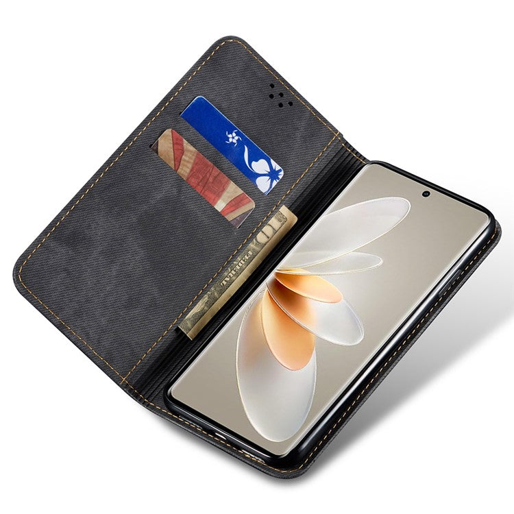 For vivo S16 Pro / S16 Jeans Cloth Texture Phone Case PU Leather Wallet Stand Phone Cover - Black