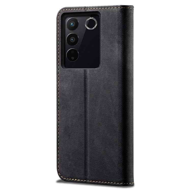 For vivo S16 Pro / S16 Jeans Cloth Texture Phone Case PU Leather Wallet Stand Phone Cover - Black