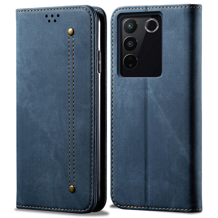 For vivo S16 Pro / S16 Jeans Cloth Texture Phone Case PU Leather Wallet Stand Phone Cover - Blue