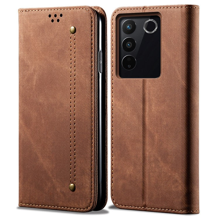 For vivo S16 Pro / S16 Jeans Cloth Texture Phone Case PU Leather Wallet Stand Phone Cover - Coffee