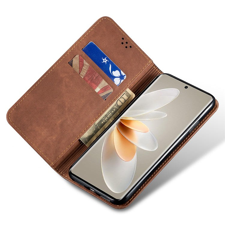 For vivo S16 Pro / S16 Jeans Cloth Texture Phone Case PU Leather Wallet Stand Phone Cover - Coffee