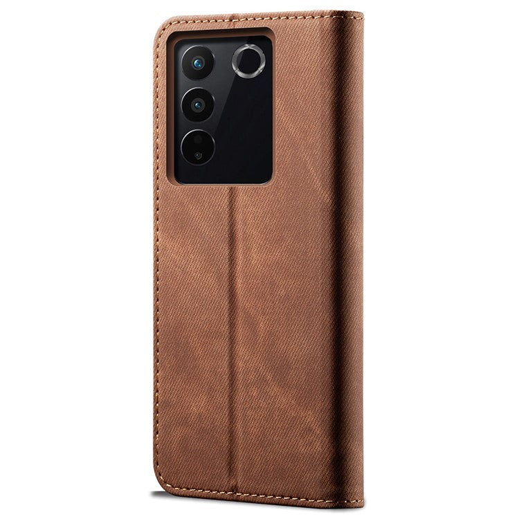 For vivo S16 Pro / S16 Jeans Cloth Texture Phone Case PU Leather Wallet Stand Phone Cover - Coffee