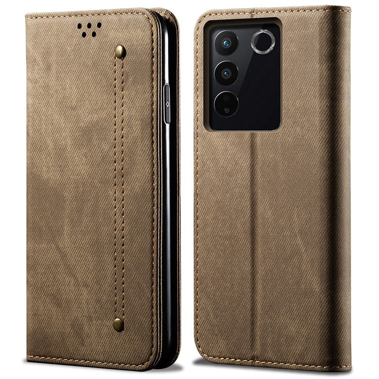 For vivo S16 Pro / S16 Jeans Cloth Texture Phone Case PU Leather Wallet Stand Phone Cover - Khaki