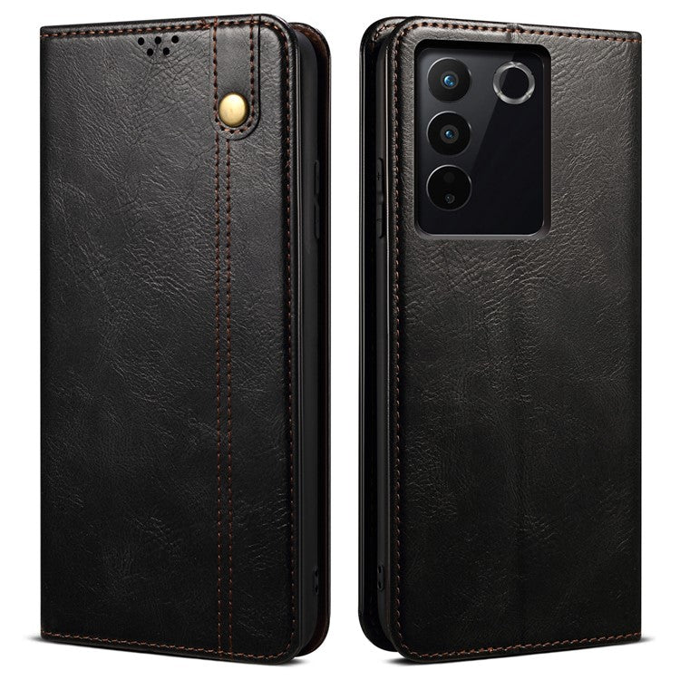 Leather Phone Case for vivo S16 Pro / S16 , Waxy Crazy Horse Texture Stand Wallet Cell Phone Cover - Black