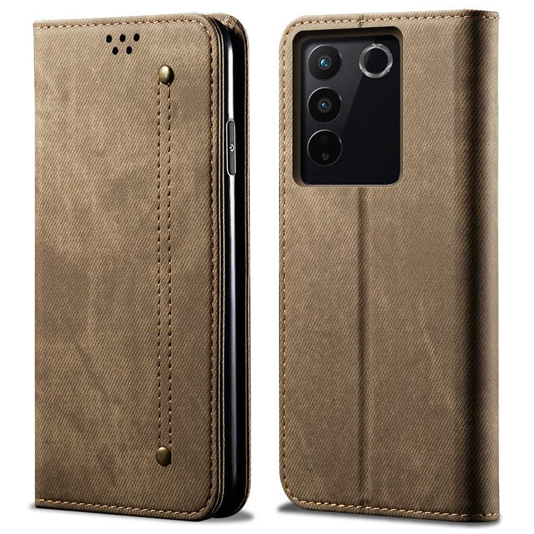 Jeans Cloth Texture Phone Case for vivo S16e 5G , PU Leather Wallet Stand Phone Cover - Khaki