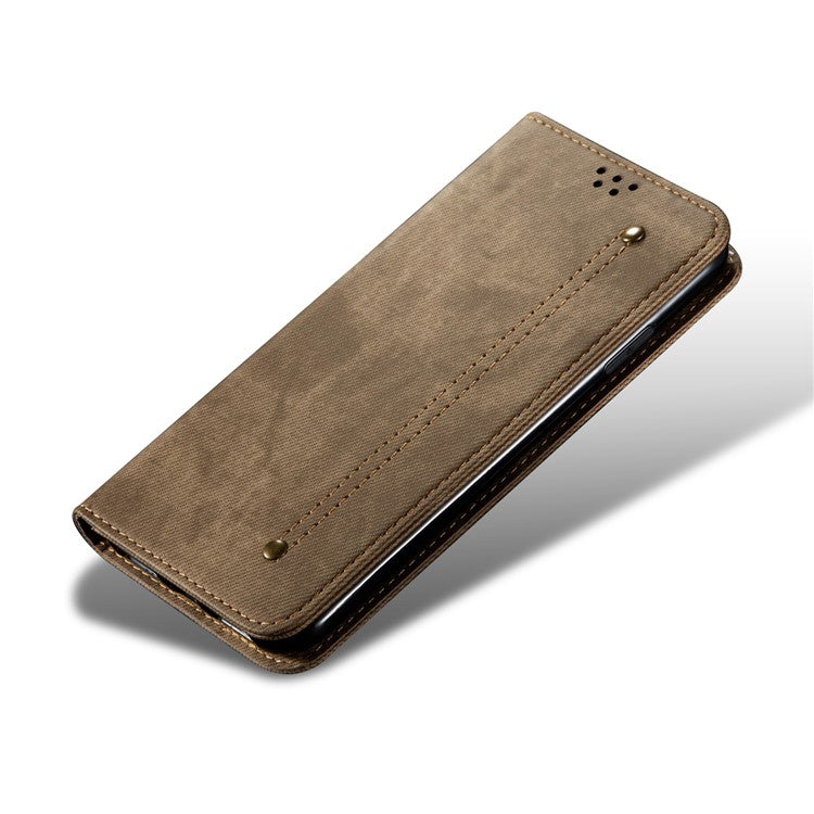 Jeans Cloth Texture Phone Case for vivo S16e 5G , PU Leather Wallet Stand Phone Cover - Khaki