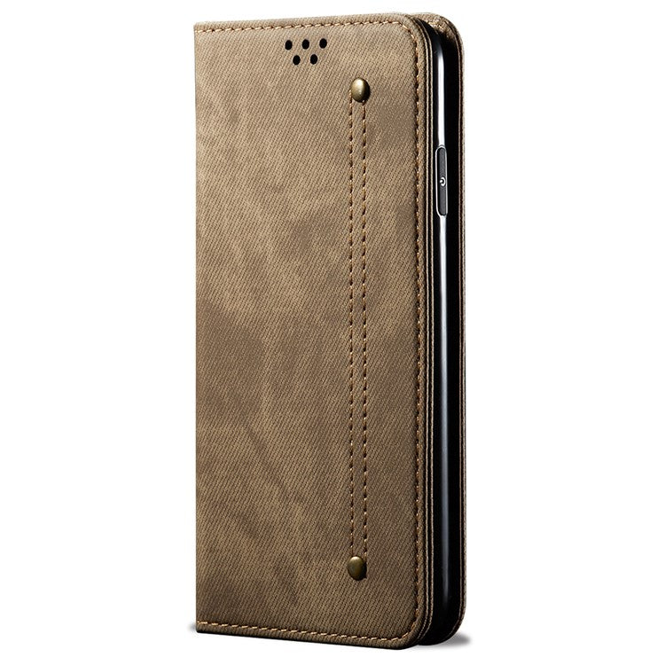 Jeans Cloth Texture Phone Case for vivo S16e 5G , PU Leather Wallet Stand Phone Cover - Khaki