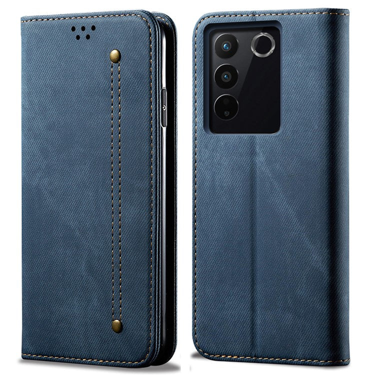 Jeans Cloth Texture Phone Case for vivo S16e 5G , PU Leather Wallet Stand Phone Cover - Blue