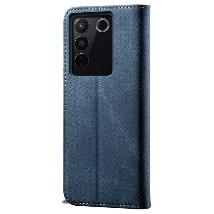 Jeans Cloth Texture Phone Case for vivo S16e 5G , PU Leather Wallet Stand Phone Cover - Blue