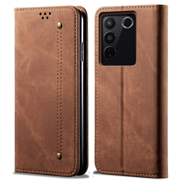 Jeans Cloth Texture Phone Case for vivo S16e 5G , PU Leather Wallet Stand Phone Cover - Coffee