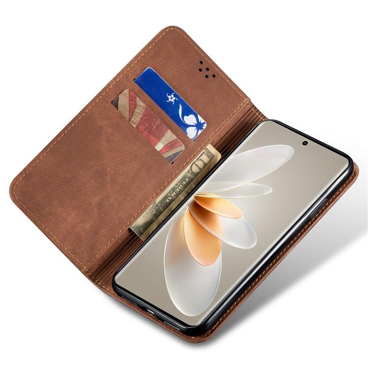 Jeans Cloth Texture Phone Case for vivo S16e 5G , PU Leather Wallet Stand Phone Cover - Coffee