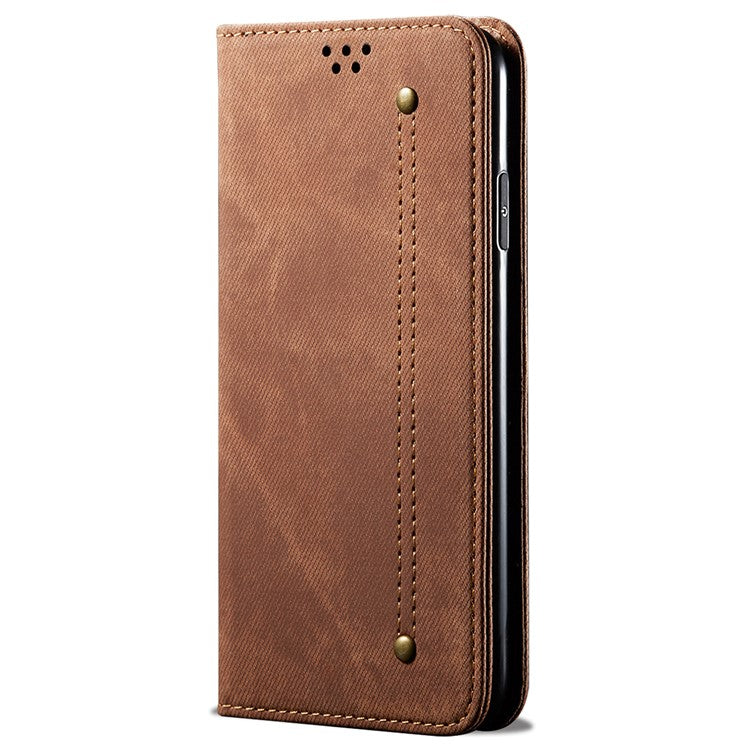 Jeans Cloth Texture Phone Case for vivo S16e 5G , PU Leather Wallet Stand Phone Cover - Coffee