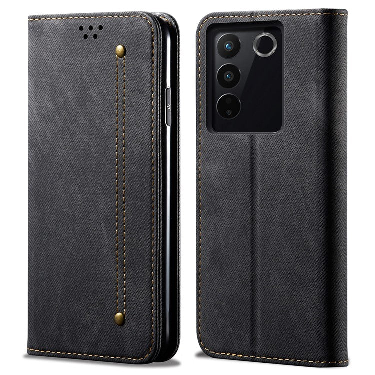 Jeans Cloth Texture Phone Case for vivo S16e 5G , PU Leather Wallet Stand Phone Cover - Black