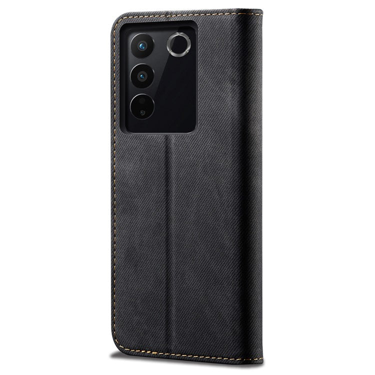 Jeans Cloth Texture Phone Case for vivo S16e 5G , PU Leather Wallet Stand Phone Cover - Black