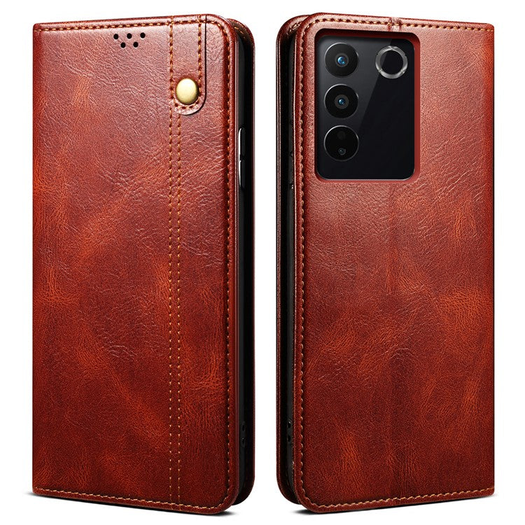 For vivo S16e 5G Wallet Leather Waxy Crazy Horse Texture Phone Case Stand Cell Phone Cover - Brown