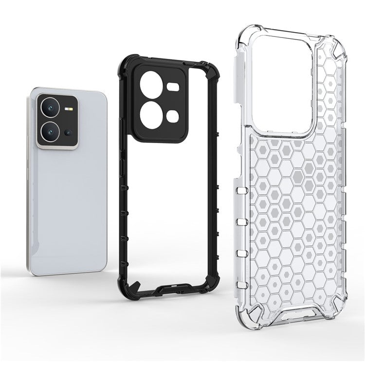 For vivo V25 5G Anti-Scratch Phone Cover Honeycomb Texture TPU+PC Shockproof Back Case - Grey