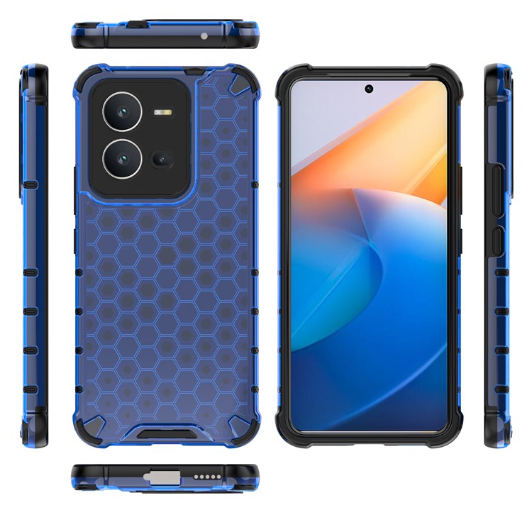 For vivo V25 5G Anti-Scratch Phone Cover Honeycomb Texture TPU+PC Shockproof Back Case - Blue