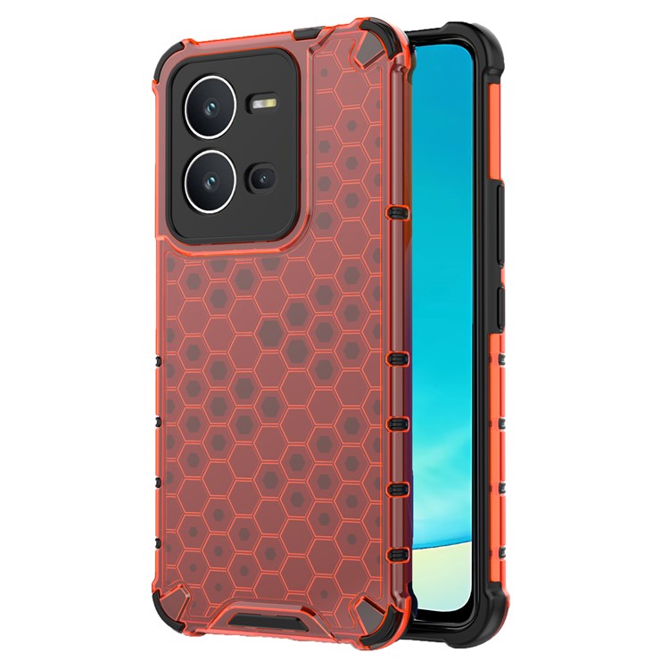 For vivo V25 5G Anti-Scratch Phone Cover Honeycomb Texture TPU+PC Shockproof Back Case - Red