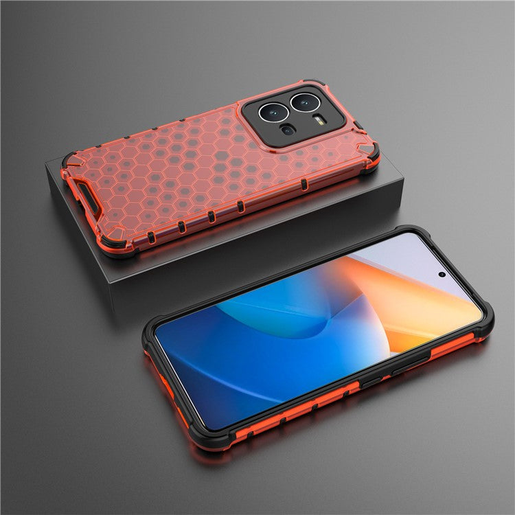 For vivo V25 5G Anti-Scratch Phone Cover Honeycomb Texture TPU+PC Shockproof Back Case - Red