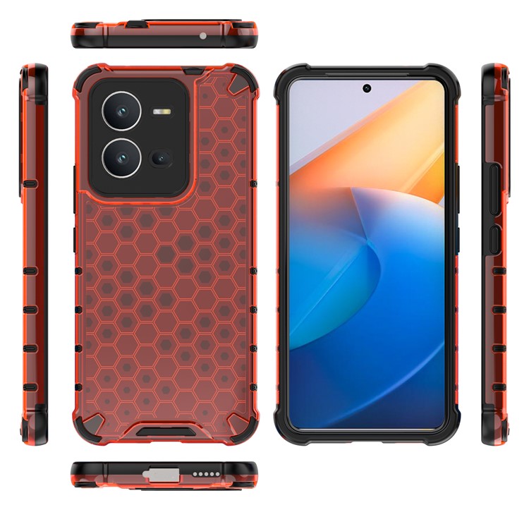 For vivo V25 5G Anti-Scratch Phone Cover Honeycomb Texture TPU+PC Shockproof Back Case - Red