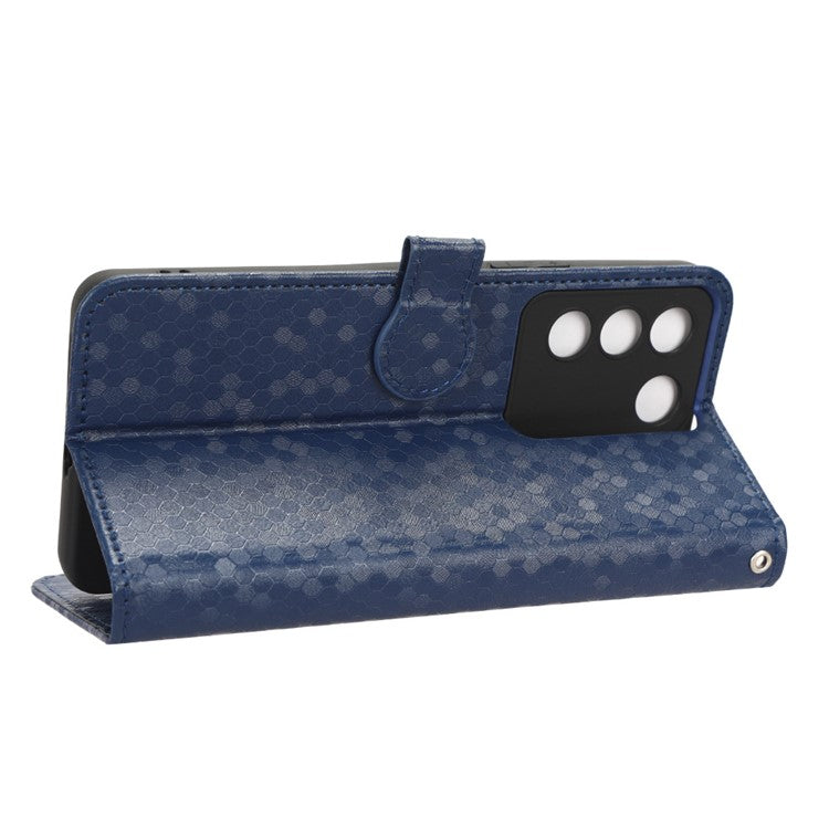 For vivo V27e 5G / S16e 5G PU Leather Stand Wallet Phone Case Dot Pattern Imprinted Smartphone Cover - Dark Blue