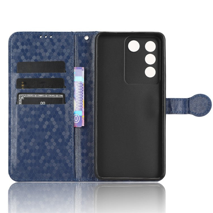 For vivo V27e 5G / S16e 5G PU Leather Stand Wallet Phone Case Dot Pattern Imprinted Smartphone Cover - Dark Blue