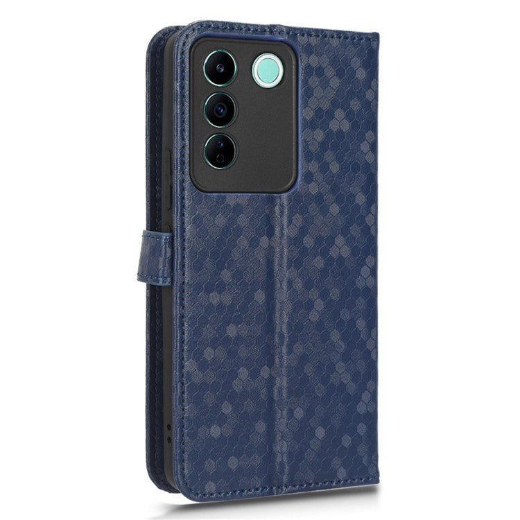 For vivo V27e 5G / S16e 5G PU Leather Stand Wallet Phone Case Dot Pattern Imprinted Smartphone Cover - Dark Blue