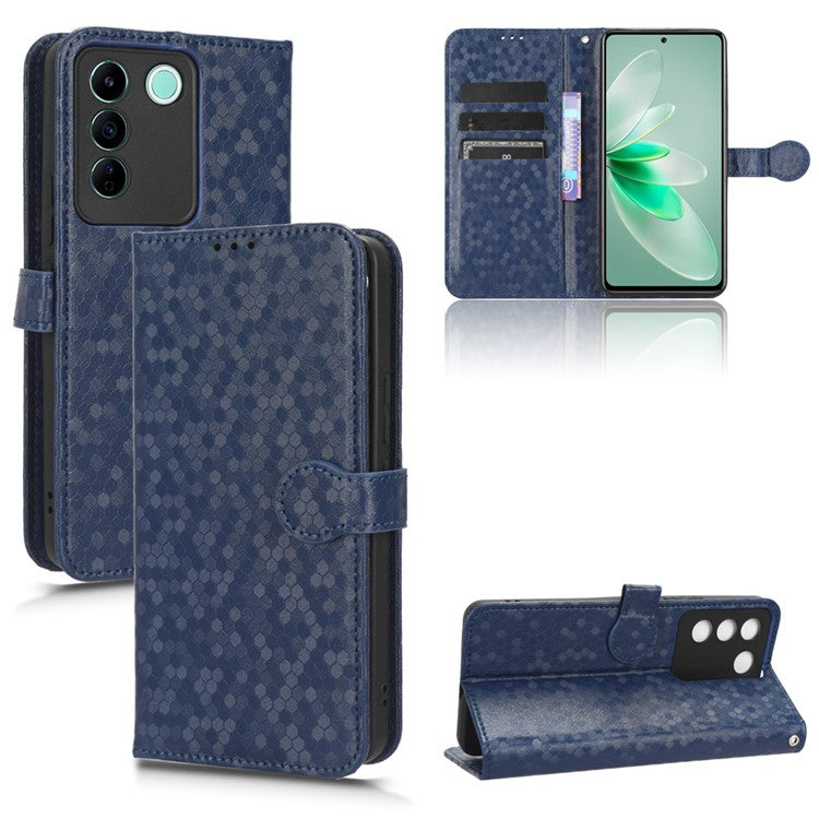 For vivo V27e 5G / S16e 5G PU Leather Stand Wallet Phone Case Dot Pattern Imprinted Smartphone Cover - Dark Blue