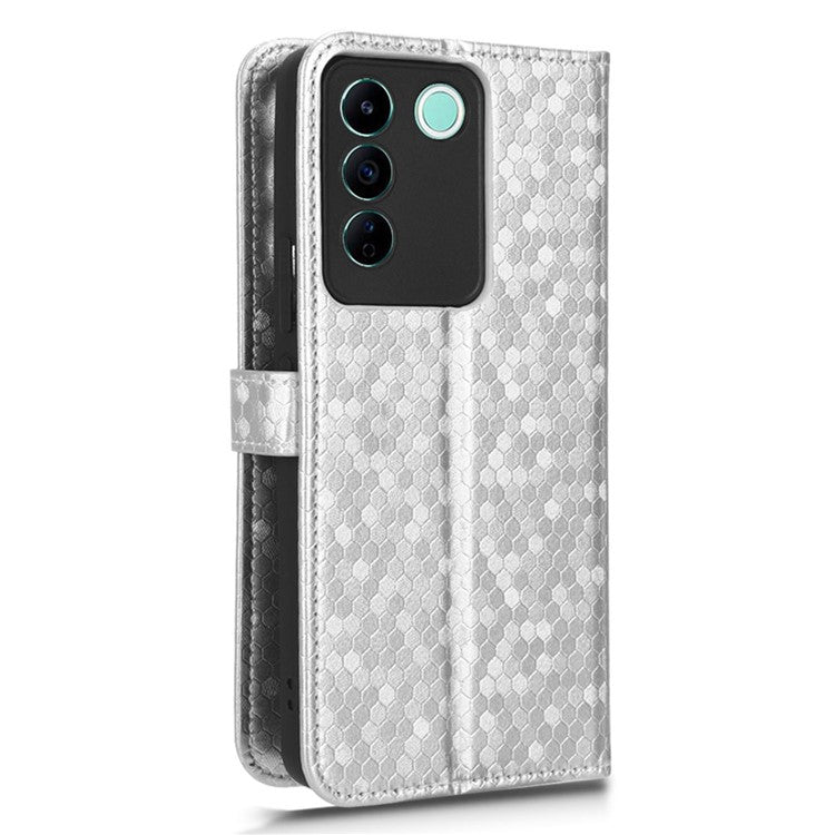 For vivo V27e 5G / S16e 5G PU Leather Stand Wallet Phone Case Dot Pattern Imprinted Smartphone Cover - Silver