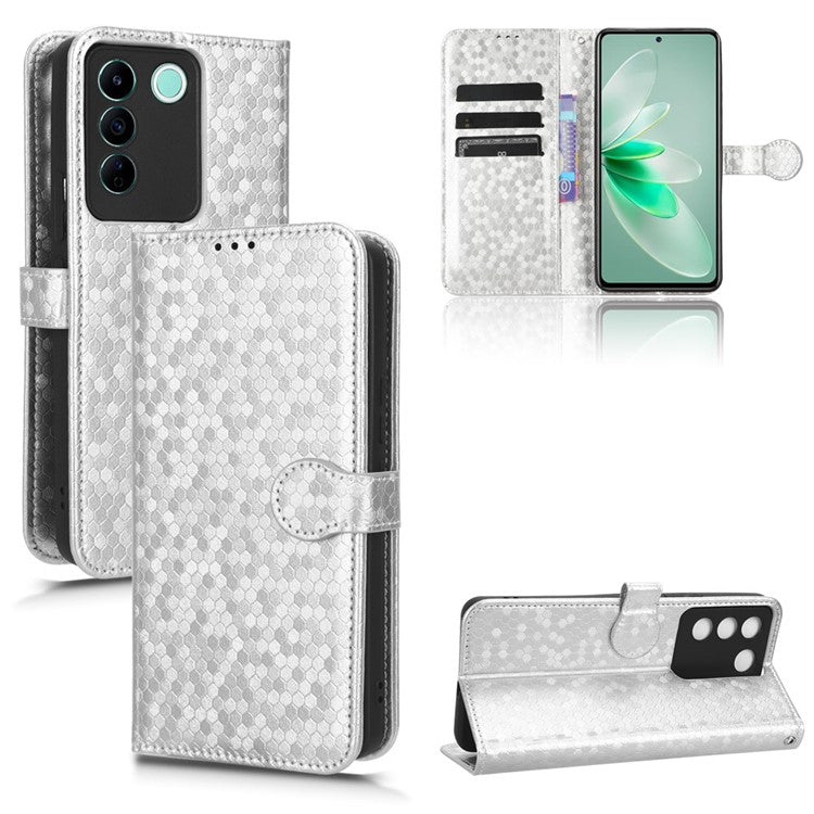 For vivo V27e 5G / S16e 5G PU Leather Stand Wallet Phone Case Dot Pattern Imprinted Smartphone Cover - Silver