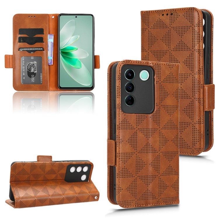 For vivo V27e 5G / S16e 5G Leather Phone Case Wallet Stand Imprinted Triangle Anti-drop Phone Cover - Brown