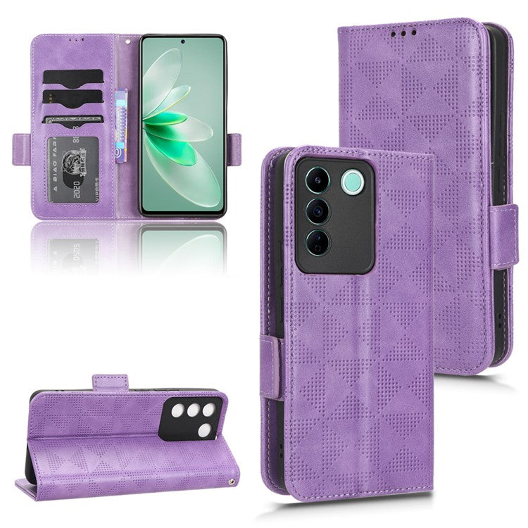 For vivo V27e 5G / S16e 5G Leather Phone Case Wallet Stand Imprinted Triangle Anti-drop Phone Cover - Purple