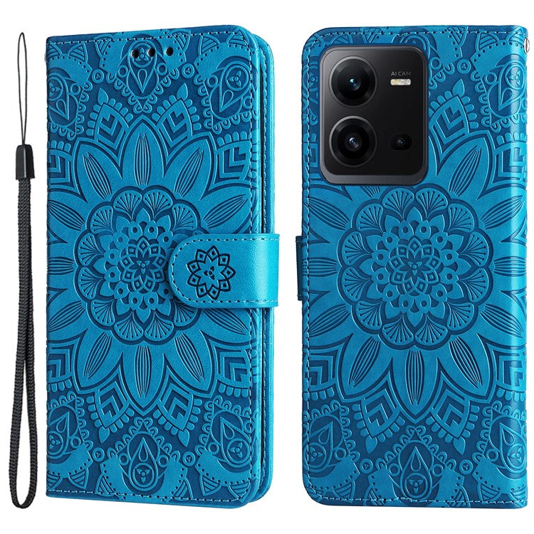 Phone Case for vivo V25 5G / V25e 4G , Sunflower Imprinted Wallet Stand Phone Leather Cover with Strap - Blue