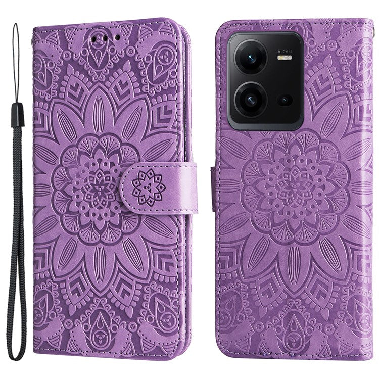 Phone Case for vivo V25 5G / V25e 4G , Sunflower Imprinted Wallet Stand Phone Leather Cover with Strap - Purple