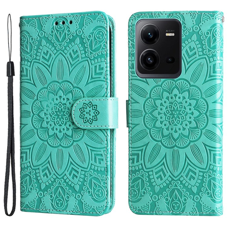 Phone Case for vivo V25 5G / V25e 4G , Sunflower Imprinted Wallet Stand Phone Leather Cover with Strap - Green