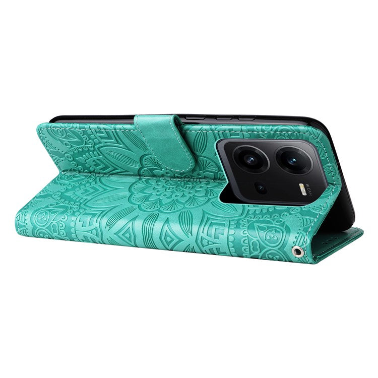 Phone Case for vivo V25 5G / V25e 4G , Sunflower Imprinted Wallet Stand Phone Leather Cover with Strap - Green