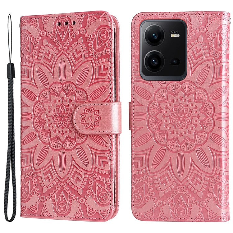 Phone Case for vivo V25 5G / V25e 4G , Sunflower Imprinted Wallet Stand Phone Leather Cover with Strap - Pink