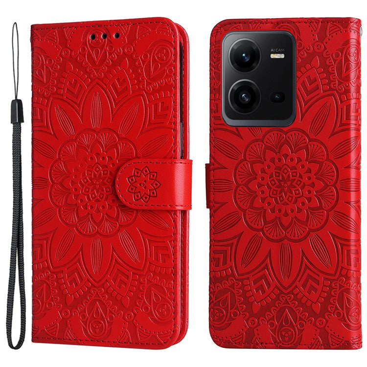 Phone Case for vivo V25 5G / V25e 4G , Sunflower Imprinted Wallet Stand Phone Leather Cover with Strap - Red