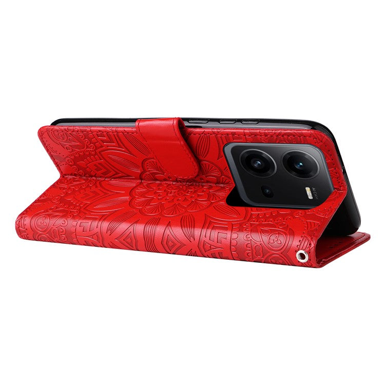 Phone Case for vivo V25 5G / V25e 4G , Sunflower Imprinted Wallet Stand Phone Leather Cover with Strap - Red