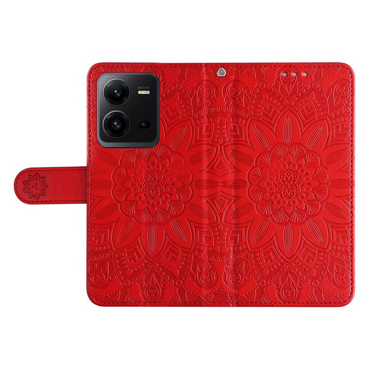 Phone Case for vivo V25 5G / V25e 4G , Sunflower Imprinted Wallet Stand Phone Leather Cover with Strap - Red