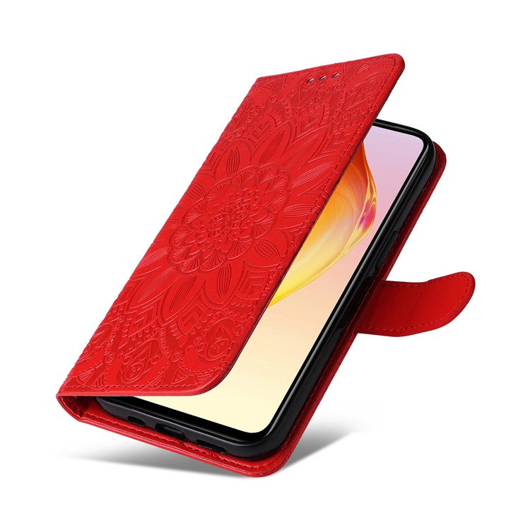 Phone Case for vivo V25 5G / V25e 4G , Sunflower Imprinted Wallet Stand Phone Leather Cover with Strap - Red