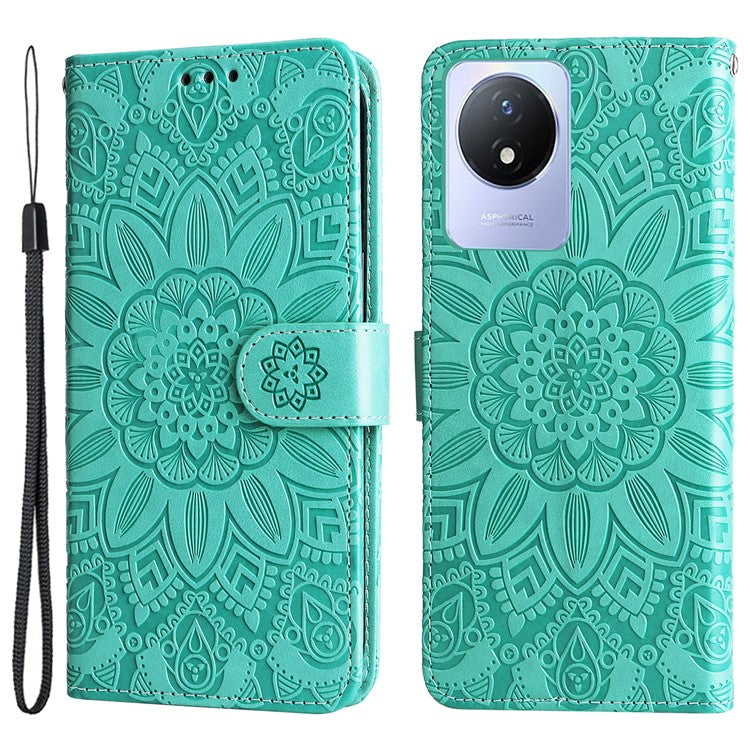 For vivo Y02 4G Phone Leather Cover Sunflower Imprinted Wallet Cell Phone Stand Case - Green