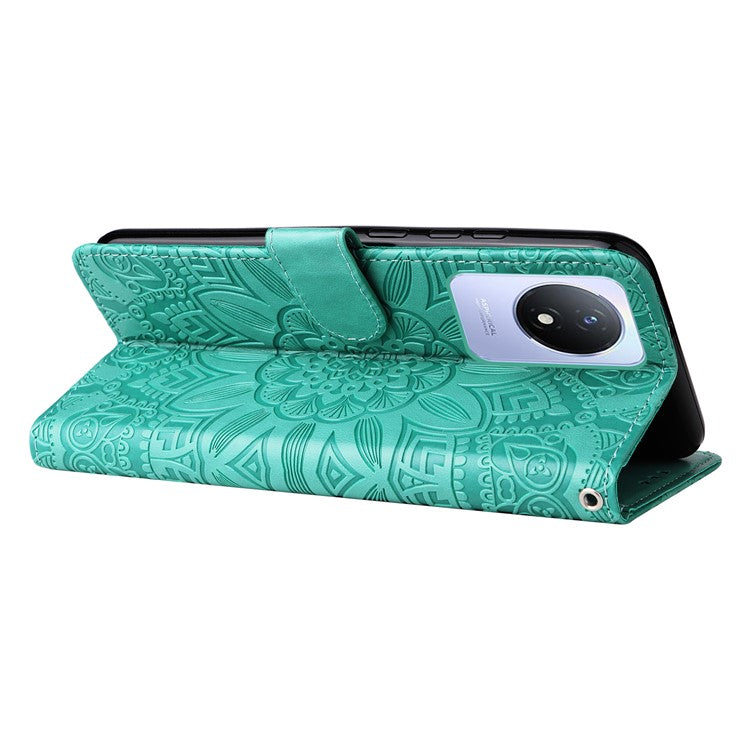 For vivo Y02 4G Phone Leather Cover Sunflower Imprinted Wallet Cell Phone Stand Case - Green