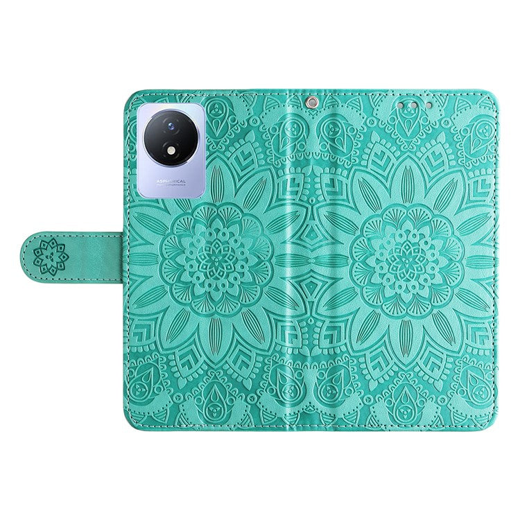 For vivo Y02 4G Phone Leather Cover Sunflower Imprinted Wallet Cell Phone Stand Case - Green