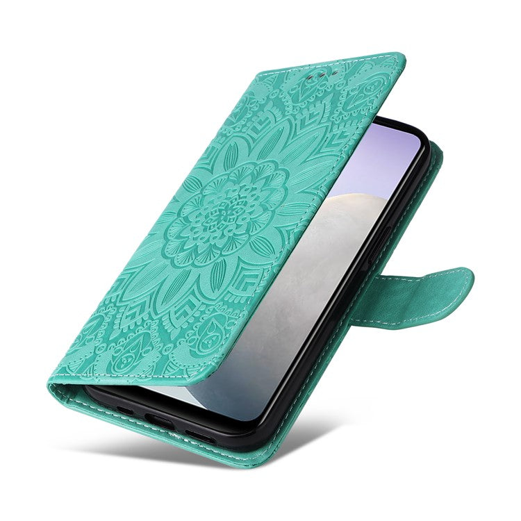 For vivo Y02 4G Phone Leather Cover Sunflower Imprinted Wallet Cell Phone Stand Case - Green