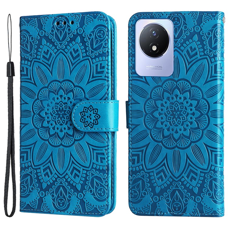 For vivo Y02 4G Phone Leather Cover Sunflower Imprinted Wallet Cell Phone Stand Case - Blue