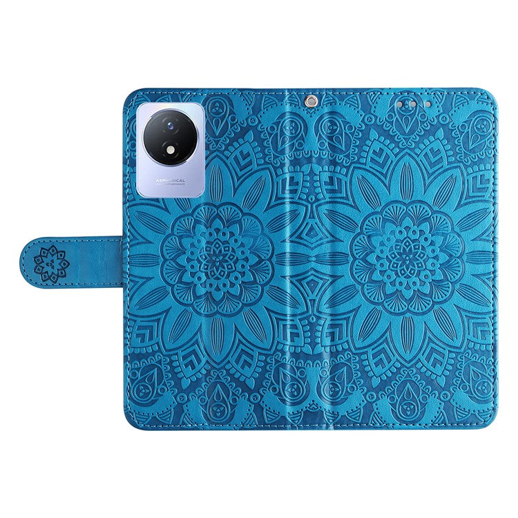 For vivo Y02 4G Phone Leather Cover Sunflower Imprinted Wallet Cell Phone Stand Case - Blue