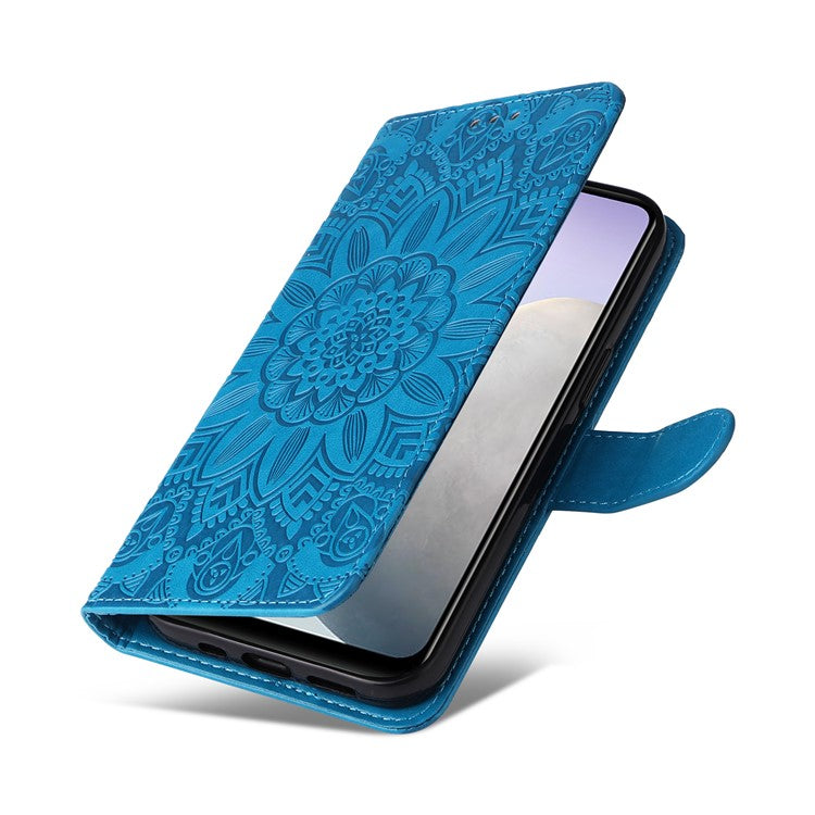 For vivo Y02 4G Phone Leather Cover Sunflower Imprinted Wallet Cell Phone Stand Case - Blue