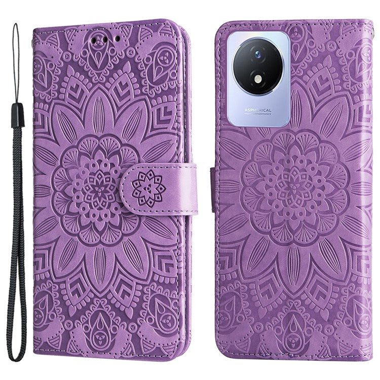 For vivo Y02 4G Phone Leather Cover Sunflower Imprinted Wallet Cell Phone Stand Case - Purple